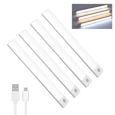 Lychico Motion Sensor Lights Indoor (20cm), 4 Pack 40 LED Under Cabinet Lights 6000K, USB Rechargeable Battery Powered Night Lights with Magnetic Strip for Kitchen, Wardrobe, Garage, Stairs, Bedroom
