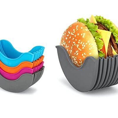 Addein 4Pcs Adjustable Burger Holders, Reusable Washable Hamburger Clip, Silicone Burger Holder for Eating, Food Grade Hamburger/Sandwich Clip