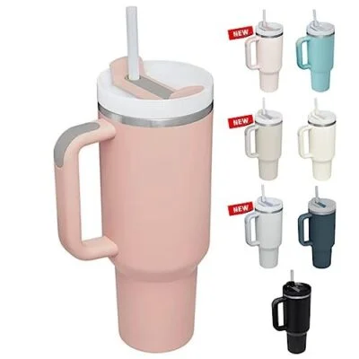 STEEL SIPPER 40oz Stainless Steel Vacuum Insulated Tumbler with Straw and Lid & Handle, Travel Coffee Mugs Cups for Hot Drinks with Handle and Straw Insulated Water Bottle Iced Coffee Cup (Pink Dust)