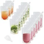 15pcs Clear Drink Pouches for Festivals with Funnel and Stickers, Leak Proof Alcohol Juice Liquid Pouches Bags, Beverage Bags Festival Essentials, Plastic Hip Flask for Parties, Picnic, Travel, Sports