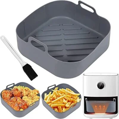 8 Inch Silicone Air Fryer Liner, Thick Square Air Fryer Accessories Reusable Air Fryer Silicone Pot with Silicone Pastry Brush for COSORI 5.5L, Ninja, Tower,Instant Vortex Air Fryer
