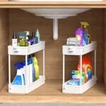SPACEKEEPER Under Sink Organizers Storage, Bathroom Under Sink Shelf Basket, 2 Tier Bath Organizers and Storage Rack with Hooks, Under Sink Kitchen Shelf Multi-Purpose, 40x13x31cm,2 Pack,White
