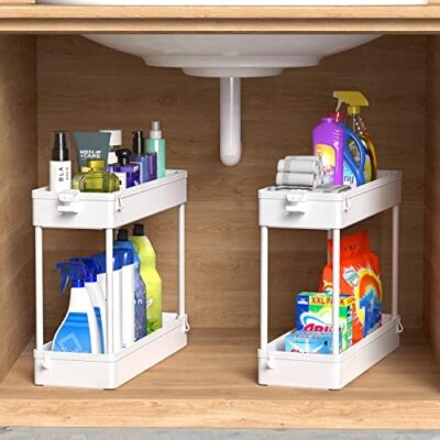 SPACEKEEPER Under Sink Organizers Storage, Bathroom Under Sink Shelf Basket, 2 Tier Bath Organizers and Storage Rack with Hooks, Under Sink Kitchen Shelf Multi-Purpose, 40x13x31cm,2 Pack,White